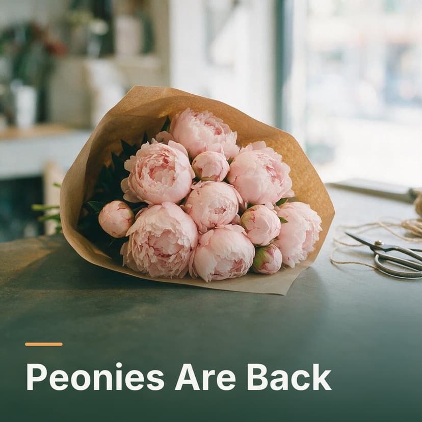 Peonies wrapped in brown paper, captioned “Peonies Are Back”